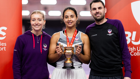 Eliz Maloney of Loughborough University, 2025 Women's Singles Champion with coaches Lottie Howard and Tom Kisiel (Credit: Flynn Duggan)